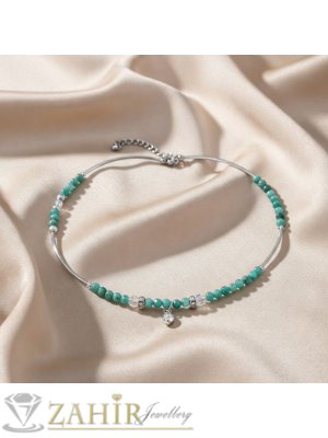 Шикозно ръчно изработено колие от стоманени дъгички, естествен амазонит 3 мм, висулка кристал и стоманени накрайници - KA1162